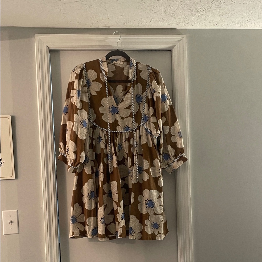 Entro Brown Dress with Blue and White Floral Design